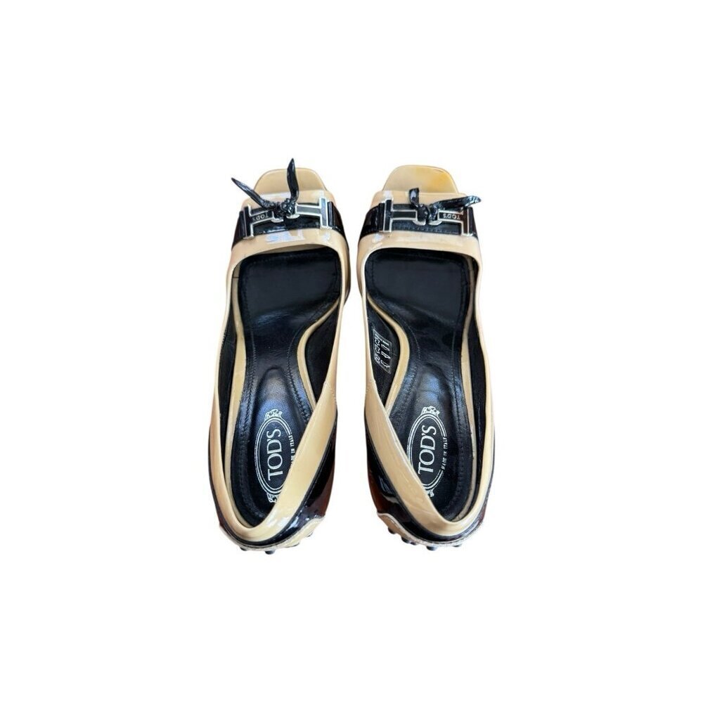 TOD'S Women's Sz 37 US Sz 6.5 Tan & Black Patent Leather Peep Toe Heels - Picture 15 of 15